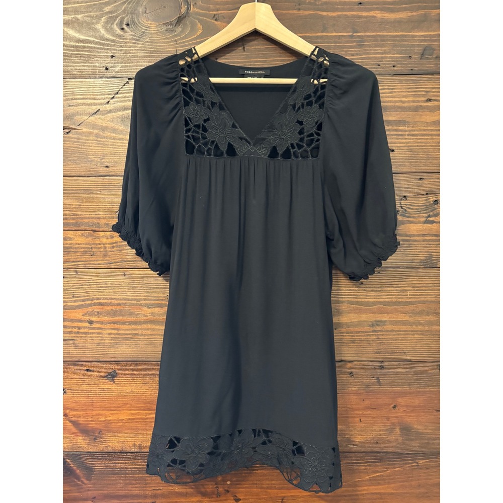 BCBGMAXAZRIA Tunic Dress Women's M Black Floral Eyelet Lace Boho Cottagecore